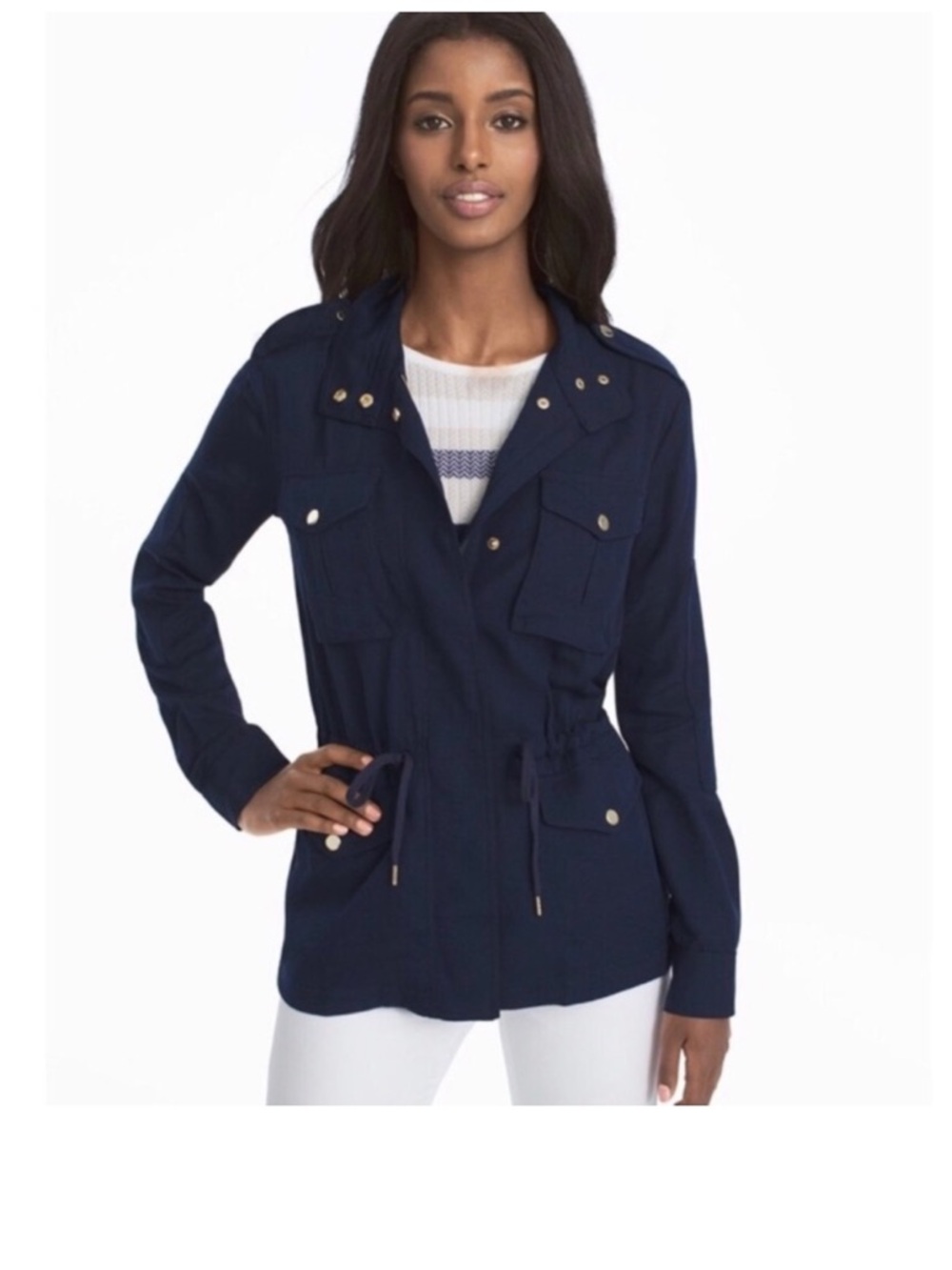 White House Black Market | Soft Utility Parka Jacket Full Zip Navy Gold Small